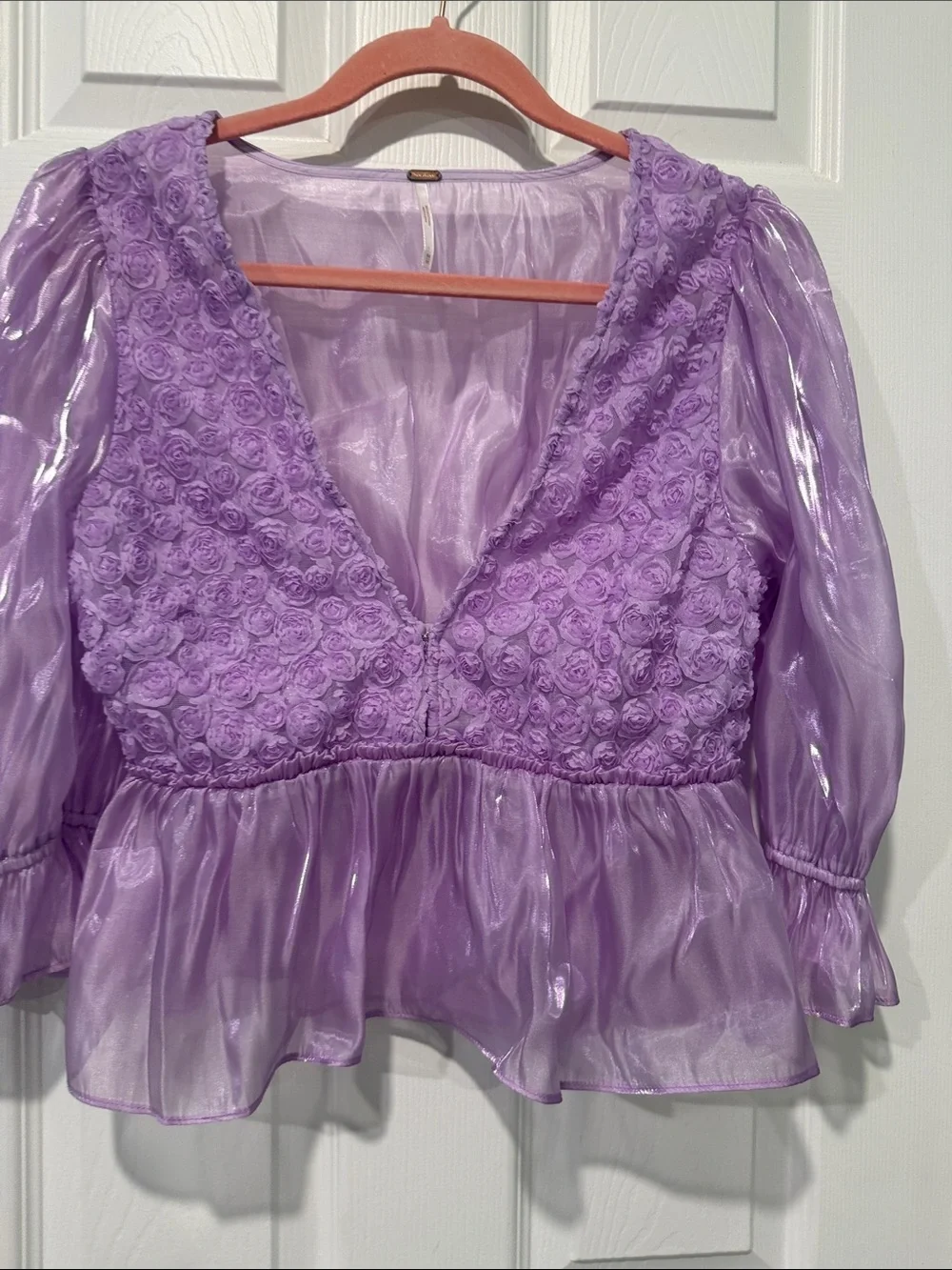 Free People Lilac Rose Appliqué Peplum V-Neck Blouse